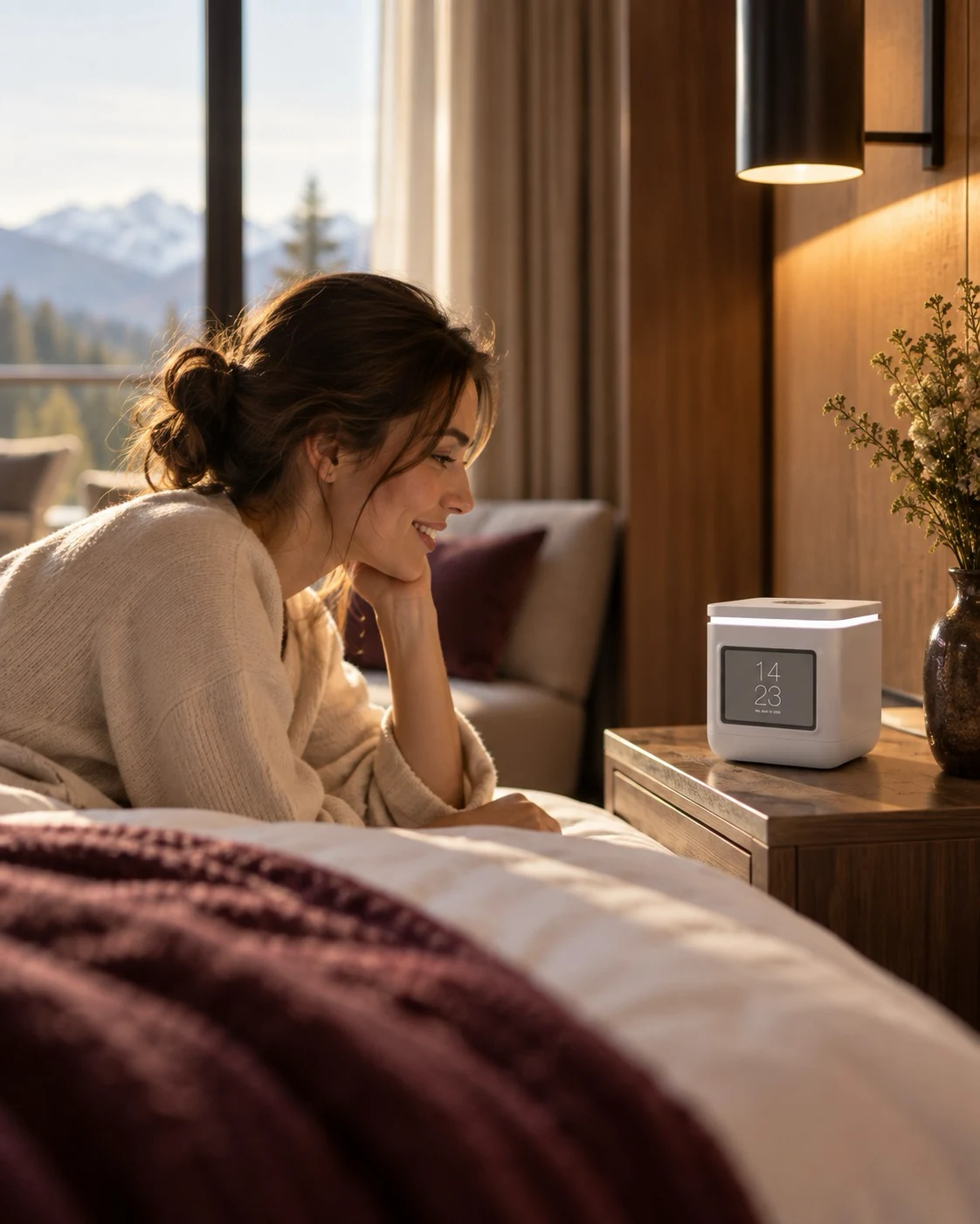 Ein erwachsener Hotelgast spricht im Zimmer mit LORA Cube