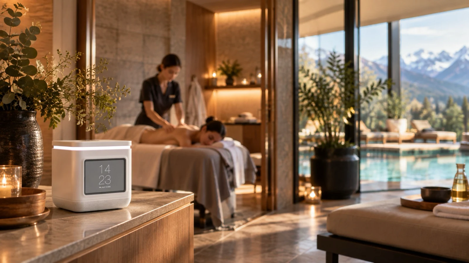 Spa-Behandlung in einem hochwertigen Hotel mit Pool- und Bergblick, LORA Cube im Vordergrund