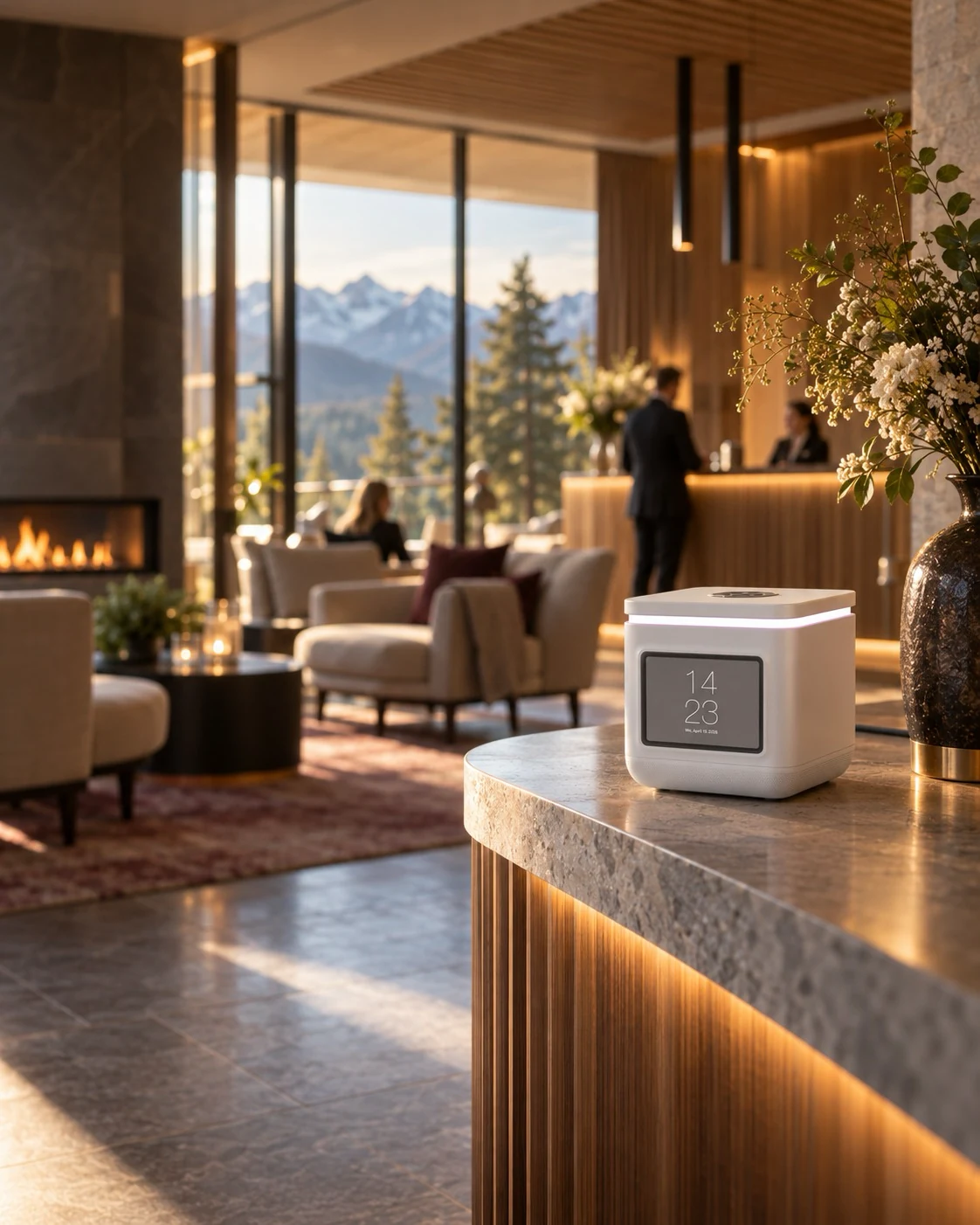 LORA Cube in einer warmen Hotellobby mit Rezeption und Lounge