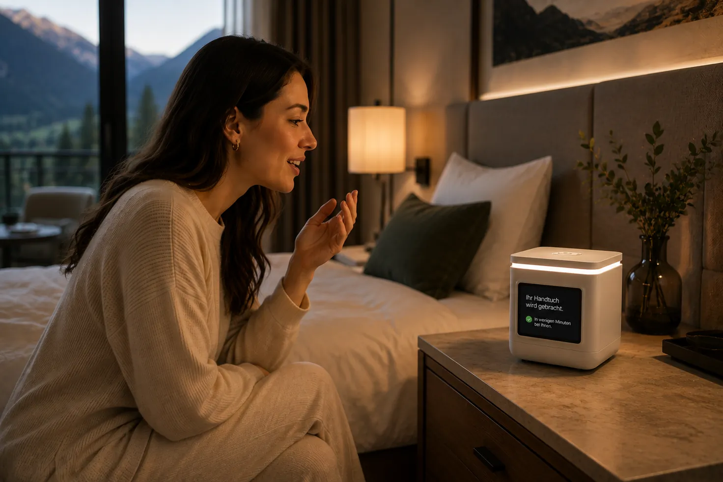 A guest asking LORA Cube for fresh towels, the request confirmed on the Cube’s display