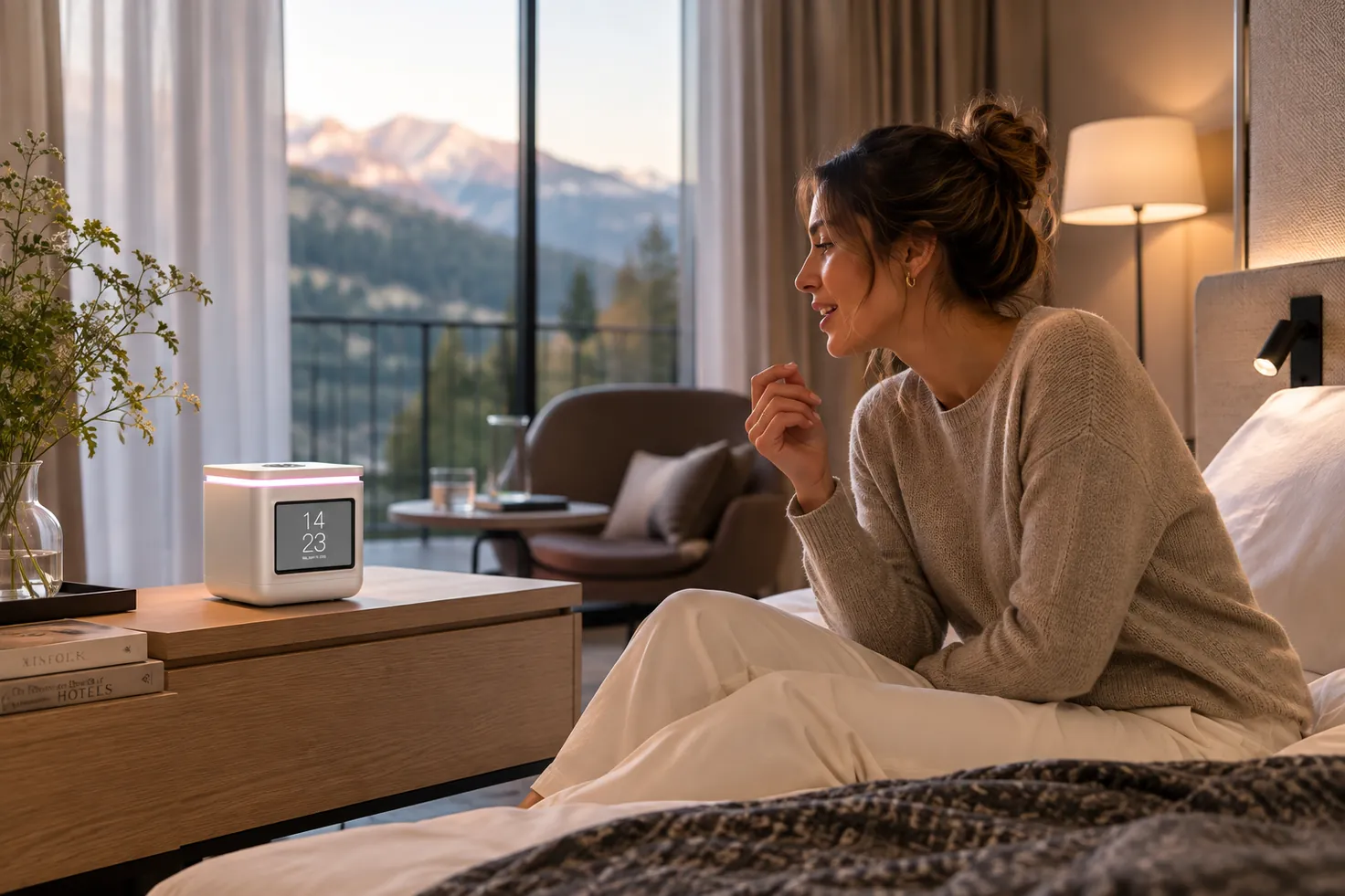 A guest speaking to LORA Cube on the nightstand of a bright hotel room