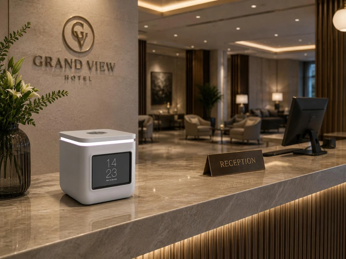 LORA Cube on a hotel reception desk