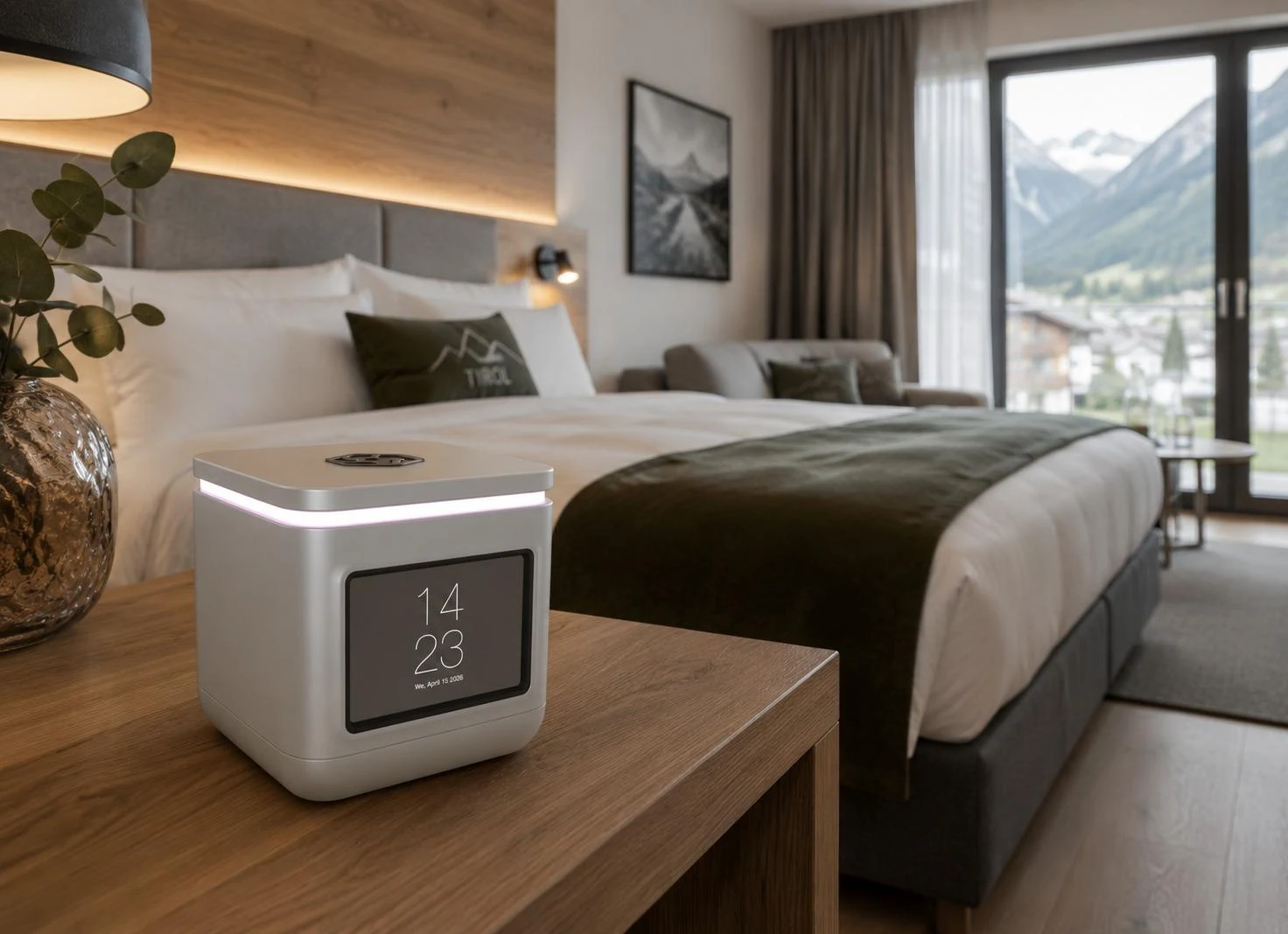 LORA Cube on a bedside table in a bright hotel guest room
