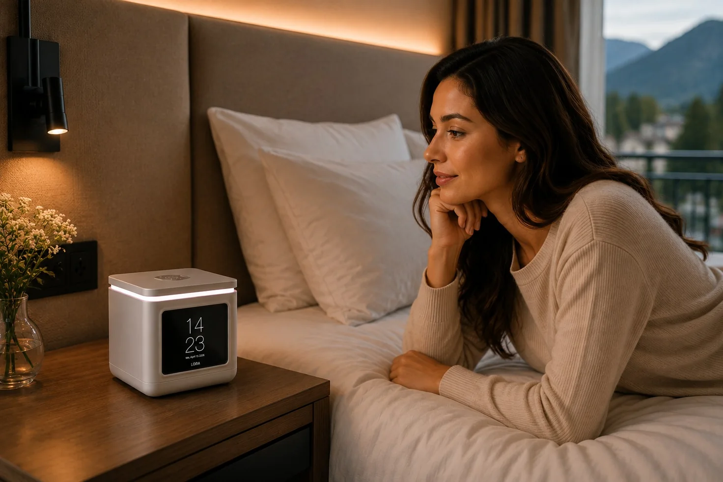 A guest resting on the bed, asking LORA Cube on the nightstand about a late check-out