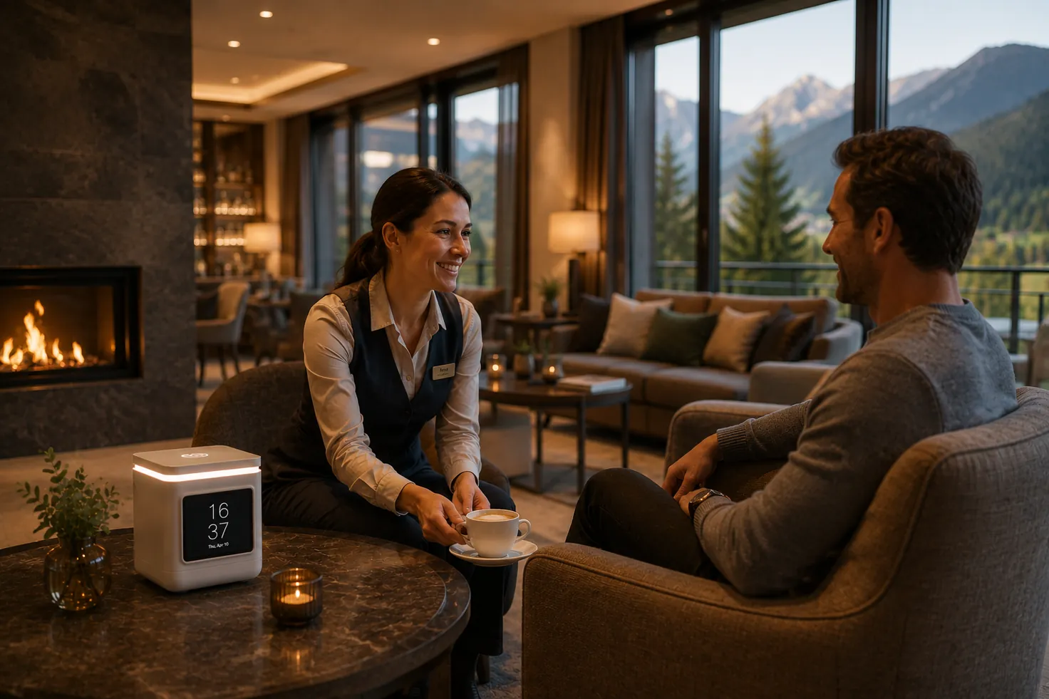 A hotel host bringing coffee to a guest in a fireside lounge, with LORA Cube on the table