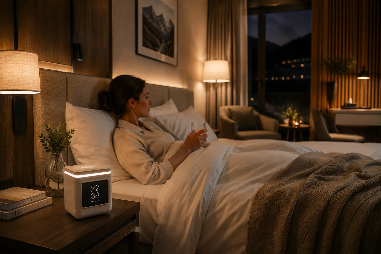 A guest relaxing in bed in the evening with LORA Cube glowing softly on the nightstand