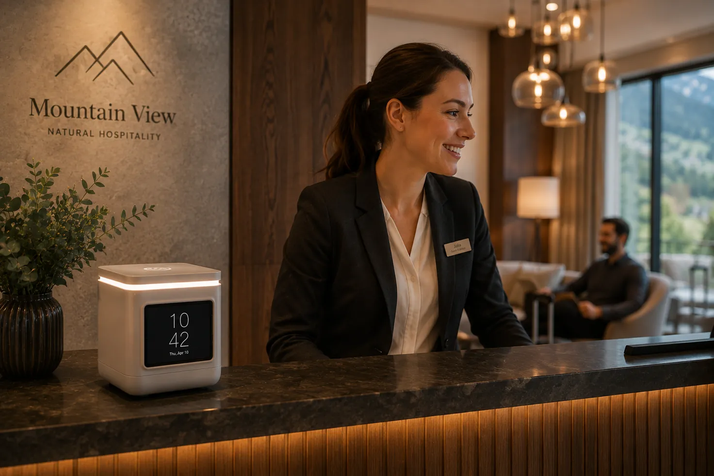 A hotel host welcoming a guest at reception, with LORA Cube on the desk