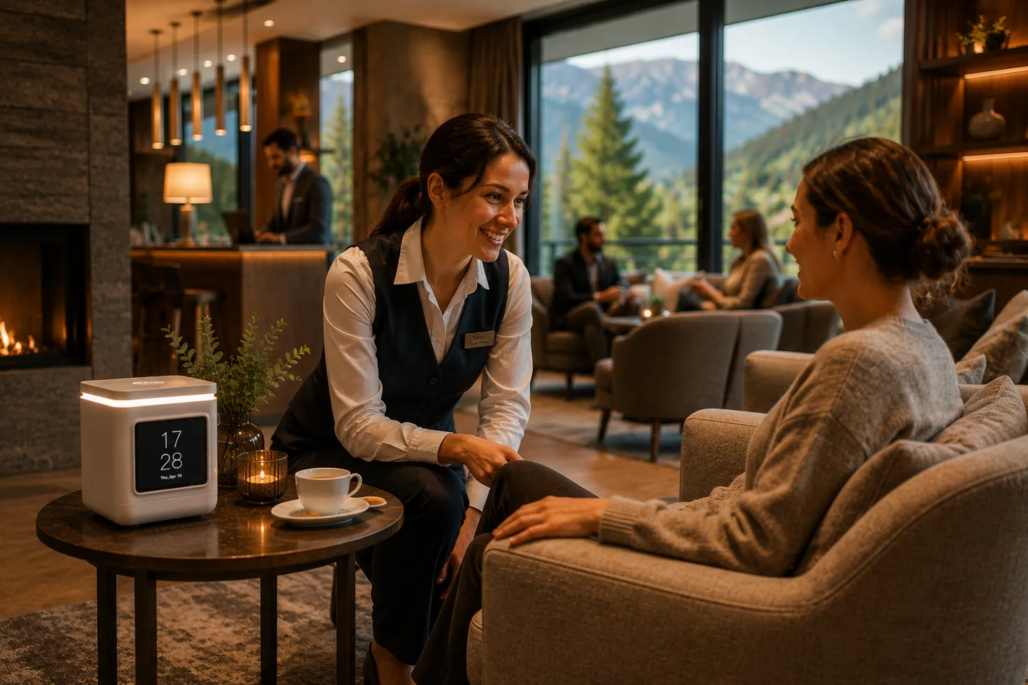 A hotel host and a guest talking in a lounge, with LORA Cube on the table