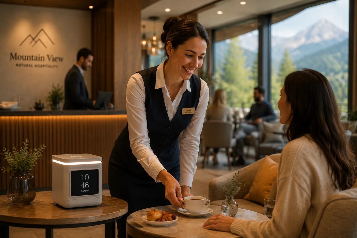A hotel host bringing coffee to a seated guest, with LORA Cube on the side table