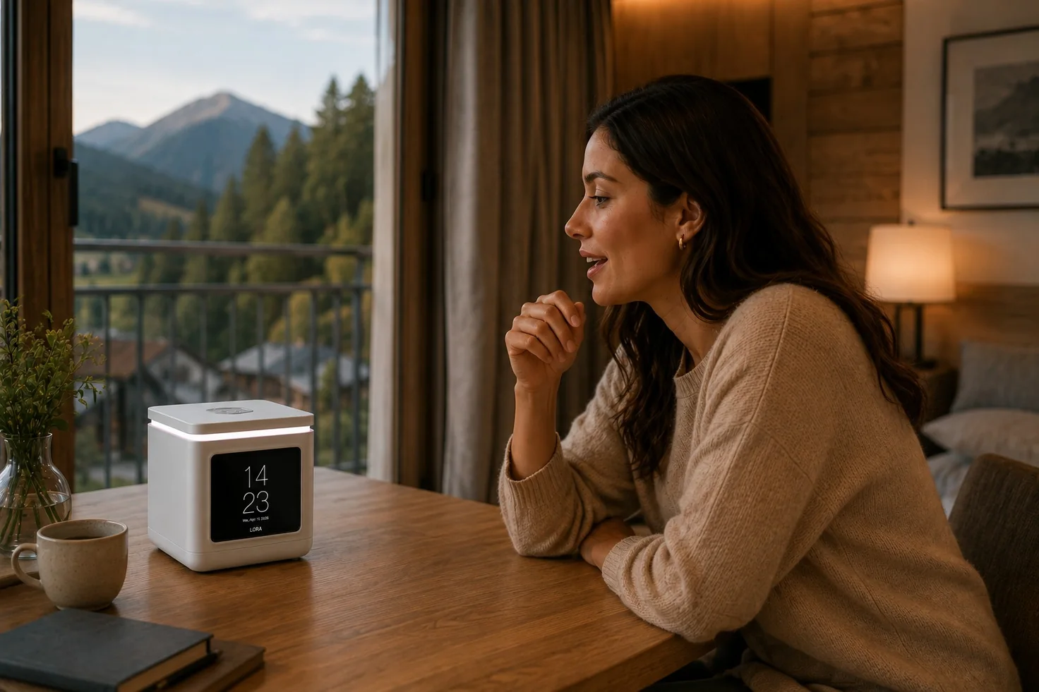 A guest at a room table by the window asking LORA Cube to arrange a spa treatment